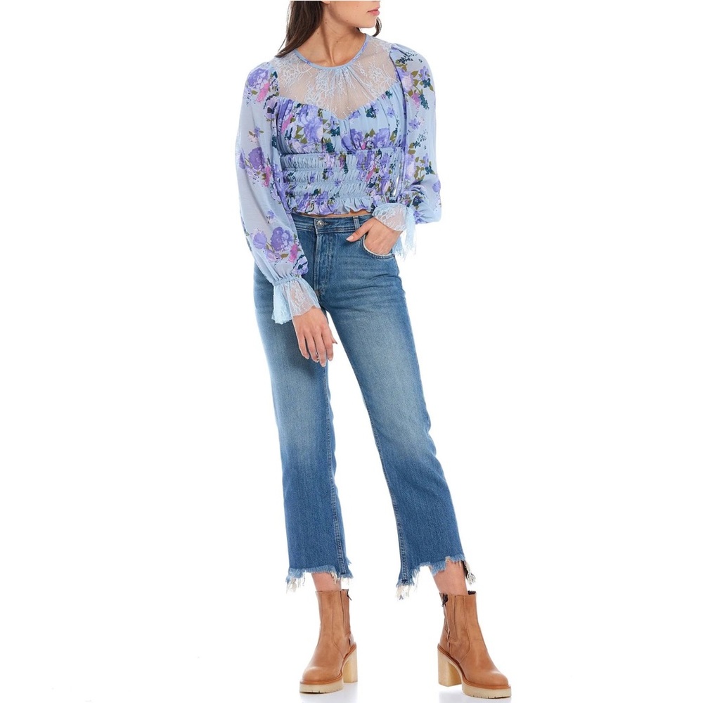NWT Free People Daphne Floral Lace Blouse In Silver Blue Combo